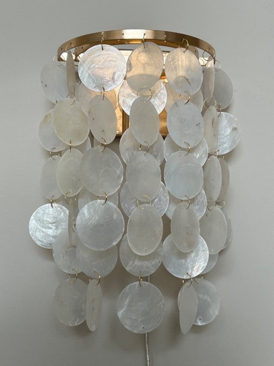 Image 1 of Set Of 2 Capiz Shell Wall Lights Gold Frame Pearl