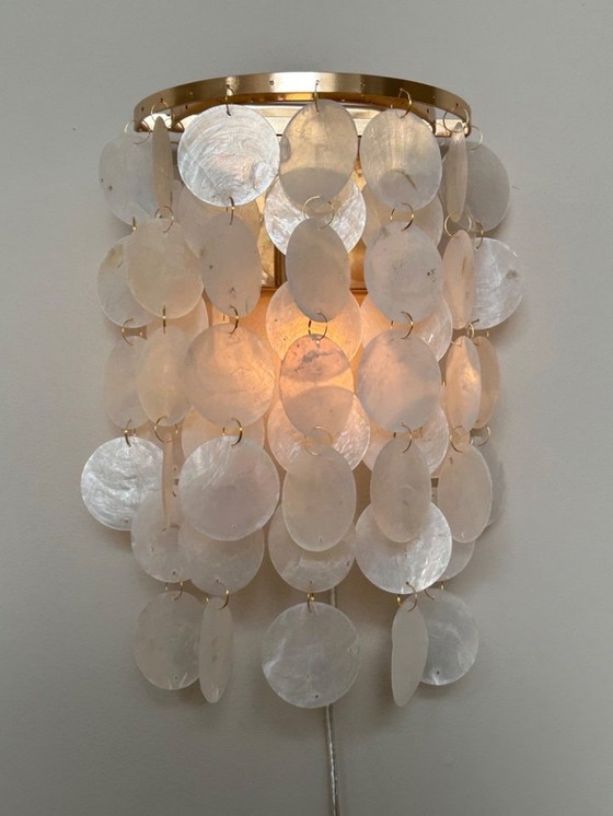 Image 1 of Set Of 2 Capiz Shell Wall Lights Gold Frame Pearl