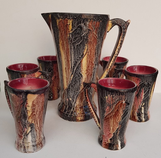 7X Dinosaur-Shaped Jug With Cups In Art Deco Shape And Colours