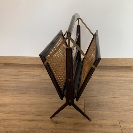 Image 1 of Vintage folding magazine rack in cane, wood and brass, 1950