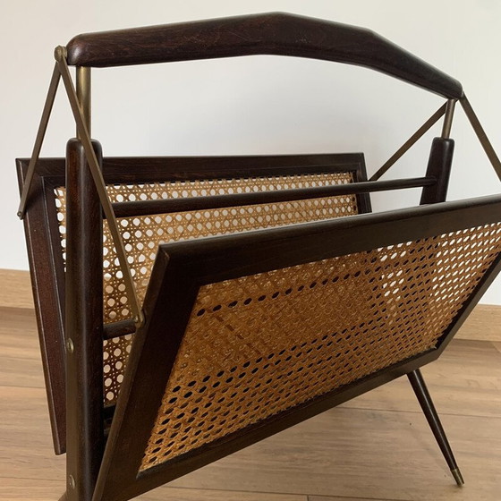 Image 1 of Vintage folding magazine rack in cane, wood and brass, 1950