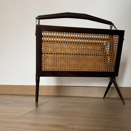 Image 1 of Vintage folding magazine rack in cane, wood and brass, 1950
