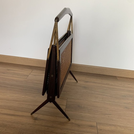 Image 1 of Vintage folding magazine rack in cane, wood and brass, 1950