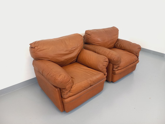 Image 1 of Pair Of Vintage Poppy Lounge Armchairs By Tito Agnoli For Poltrona Frau In 70s Leather