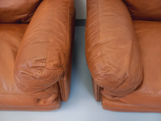 Image 1 of Pair Of Vintage Poppy Lounge Armchairs By Tito Agnoli For Poltrona Frau In 70s Leather