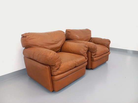 Image 1 of Pair Of Vintage Poppy Lounge Armchairs By Tito Agnoli For Poltrona Frau In 70s Leather