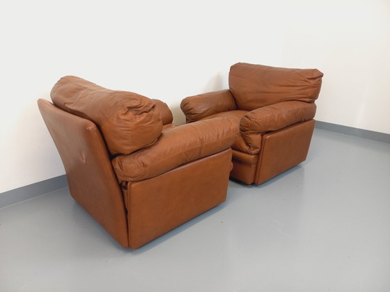 Image 1 of Pair Of Vintage Poppy Lounge Armchairs By Tito Agnoli For Poltrona Frau In 70s Leather