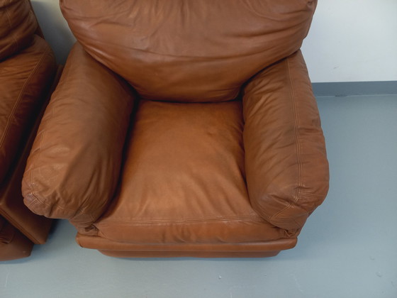 Image 1 of Pair Of Vintage Poppy Lounge Armchairs By Tito Agnoli For Poltrona Frau In 70s Leather