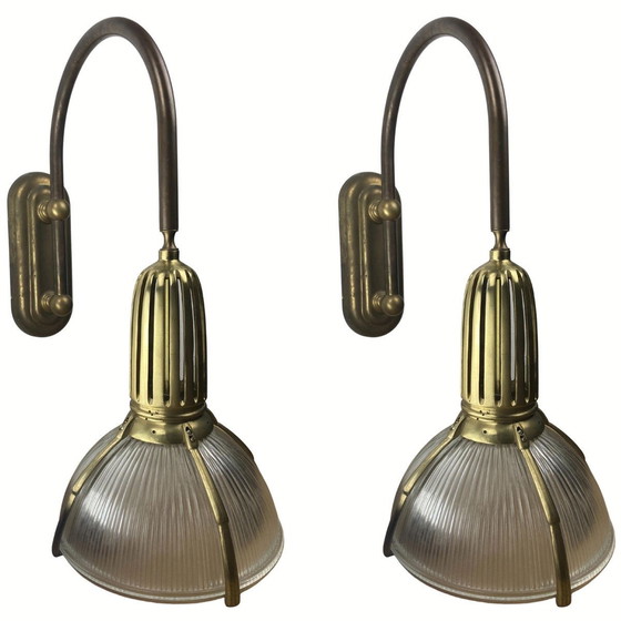 Image 1 of Art Deco Holophane Cut Glass And Brass Wall Lamps, 1970S