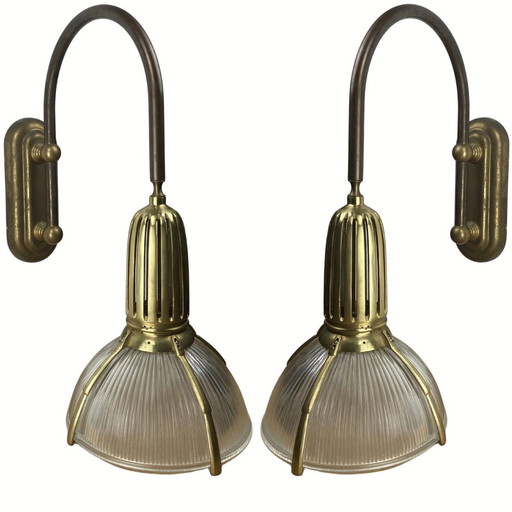 Art Deco Holophane Cut Glass And Brass Wall Lamps, 1970S