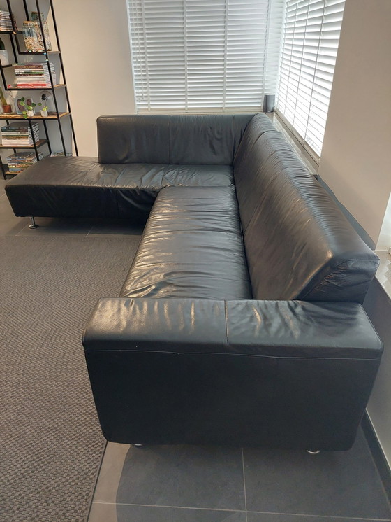 Image 1 of Black Leather Corner Sofa (6 Person) With Stainless Steel Legs