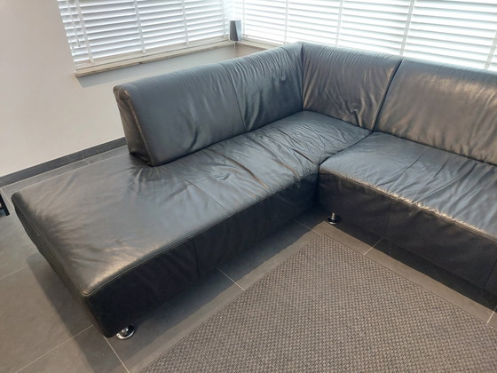 Image 1 of Black Leather Corner Sofa (6 Person) With Stainless Steel Legs