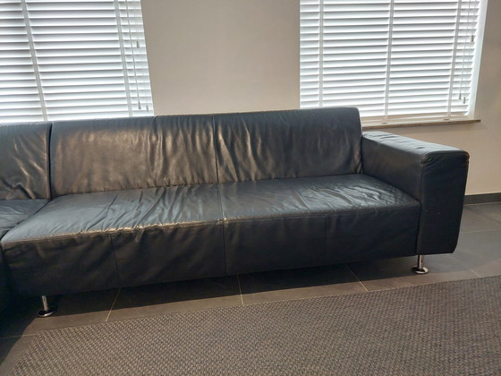 Image 1 of Black Leather Corner Sofa (6 Person) With Stainless Steel Legs