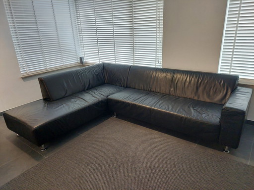 Black Leather Corner Sofa (6 Person) With Stainless Steel Legs