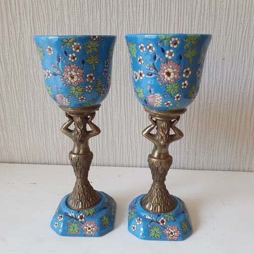 Two Vases/Chalices In Ceramics And Bronze