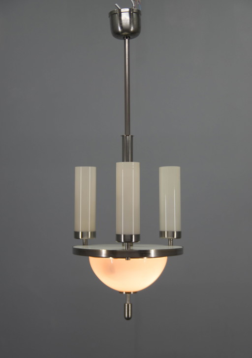 Art Deco Tubular Nickel Plated Chandelier, 1920S, Restored