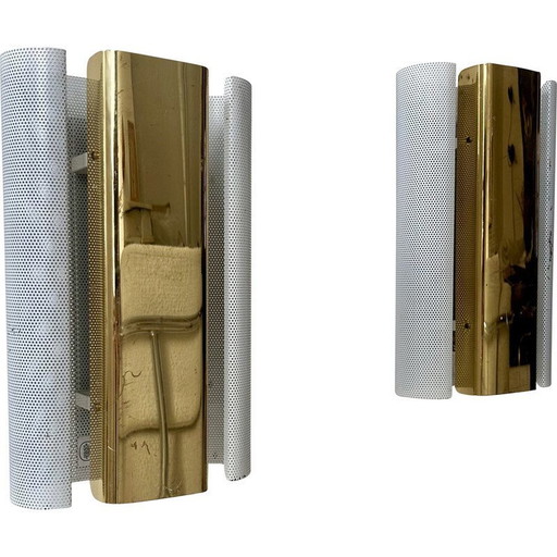 Pair of vintage wall lamp in brass and white perforated metal by Hans Agne Jakobsson, Sweden 1980