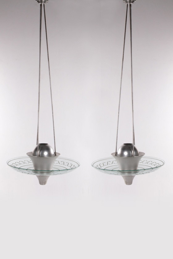 Image 1 of Art Deco Large Pendant Lamps with cut glass England 1930s