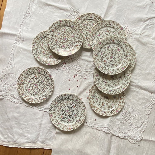 Set Of 10 Dessert Plates Limoges Porcelain Gilding And Flowers