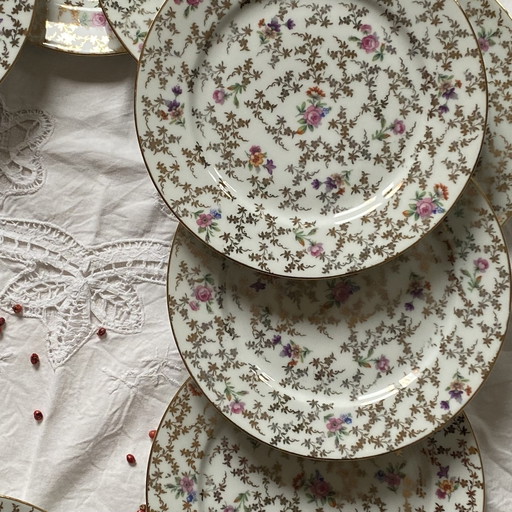 Set Of 10 Dessert Plates Limoges Porcelain Gilding And Flowers