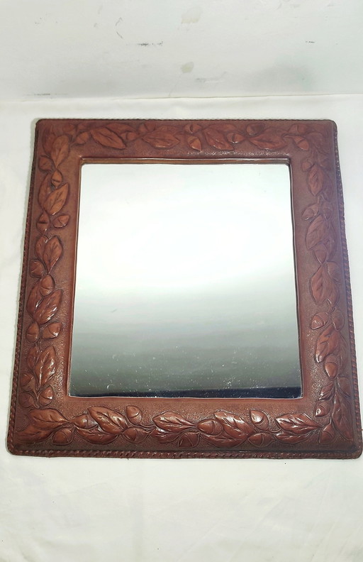 Leather Wall Mirror. Spain, 1970S.