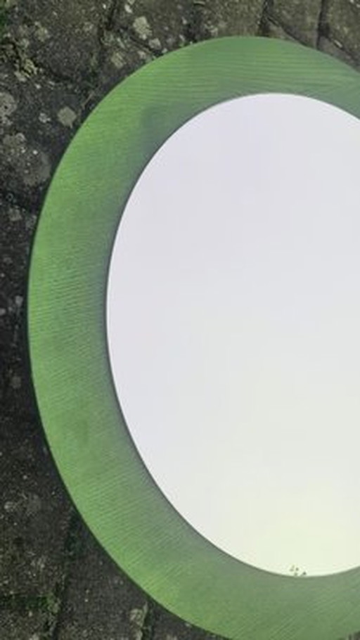 Round Green Wood Framed Mirror, 1970S