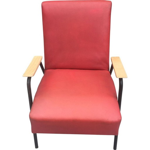Vintage armchair by Pierre Guariche, Meurop edition, wooden cuff 1950