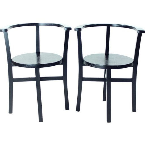 Set of 4 vintage black oak dining chairs, Czechoslovakia 1930