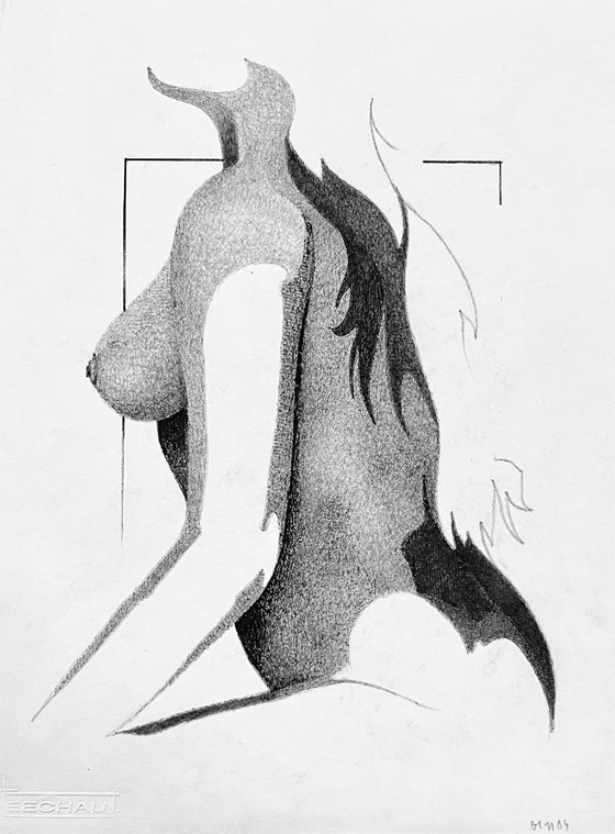 Image 1 of Inchiostro di china • Donna nuda • Eugène Eechaut • Arte fantastica • 1984