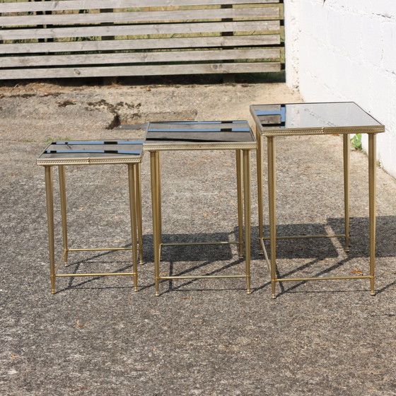 Image 1 of Mid-Century Glass And Brass Nesting Tables-Set Of 3 Black And Brass