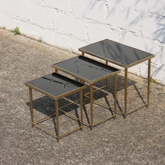 Image 1 of Mid-Century Glass And Brass Nesting Tables-Set Of 3 Black And Brass