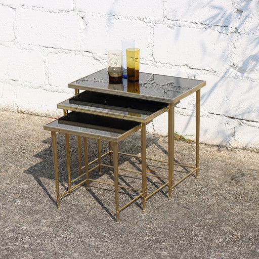 Mid-Century Glass And Brass Nesting Tables-Set Of 3 Black And Brass