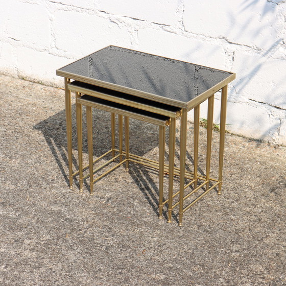 Image 1 of Mid-Century Glass And Brass Nesting Tables-Set Of 3 Black And Brass