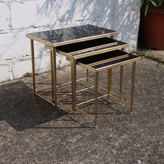 Image 1 of Mid-Century Glass And Brass Nesting Tables-Set Of 3 Black And Brass