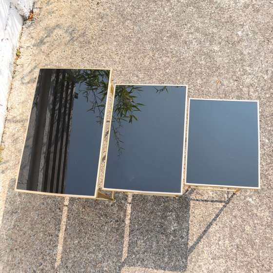 Image 1 of Mid-Century Glass And Brass Nesting Tables-Set Of 3 Black And Brass