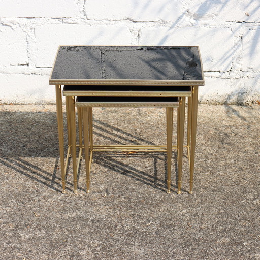 Mid-Century Glass And Brass Nesting Tables-Set Of 3 Black And Brass