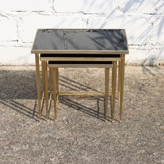 Image 1 of Mid-Century Glass And Brass Nesting Tables-Set Of 3 Black And Brass