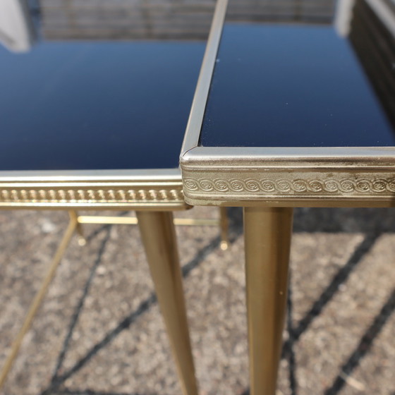 Image 1 of Mid-Century Glass And Brass Nesting Tables-Set Of 3 Black And Brass