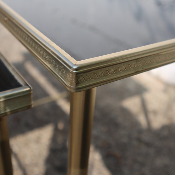 Image 1 of Mid-Century Glass And Brass Nesting Tables-Set Of 3 Black And Brass