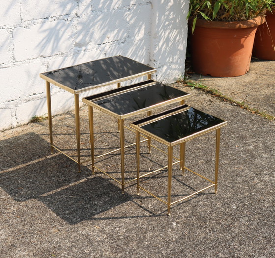 Image 1 of Mid-Century Glass And Brass Nesting Tables-Set Of 3 Black And Brass