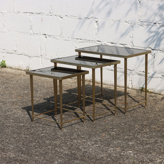 Image 1 of Mid-Century Glass And Brass Nesting Tables-Set Of 3 Black And Brass