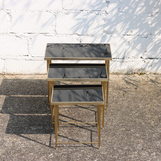 Image 1 of Mid-Century Glass And Brass Nesting Tables-Set Of 3 Black And Brass