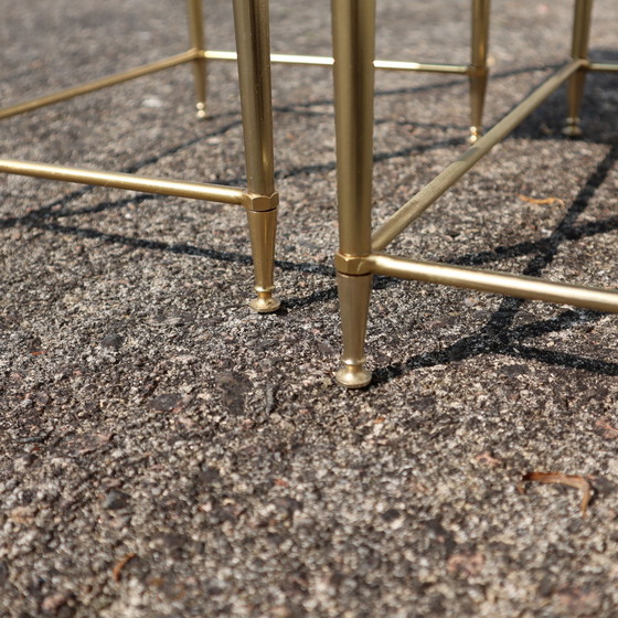 Image 1 of Mid-Century Glass And Brass Nesting Tables-Set Of 3 Black And Brass