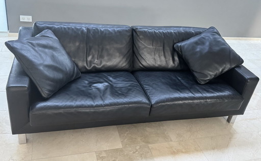 2 X Three Seater Sofa From Leolux In Black Leather + 4 Loose Cushions