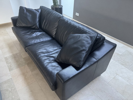 Image 1 of 2 X Three Seater Sofa From Leolux In Black Leather + 4 Loose Cushions