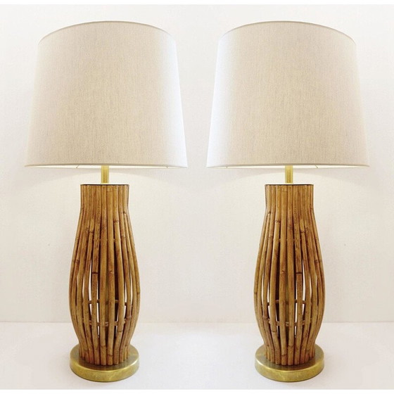 Image 1 of Coppia di grandi lampade da tavolo vintage in ottone e bambù