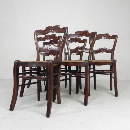 Ensemble de 6 chaises paysannes avec assise en osier, vers 1900