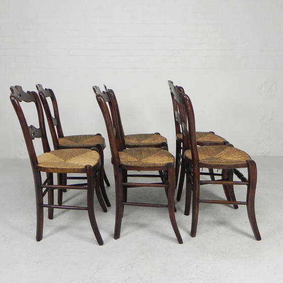 Image 1 of Ensemble de 6 chaises paysannes avec assise en osier, vers 1900