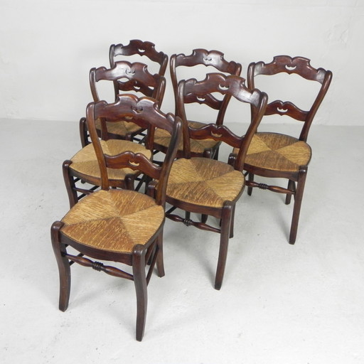 Set of 6 peasant chairs with wicker seat, circa 1900