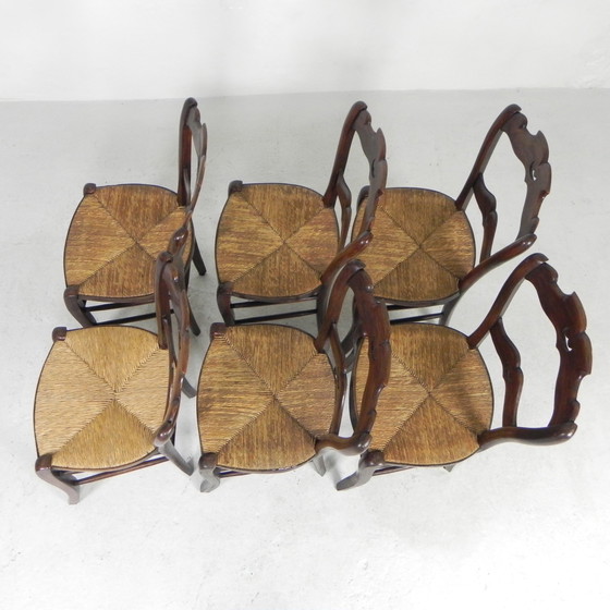 Image 1 of Set of 6 peasant chairs with wicker seat, circa 1900